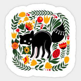 Folk Art Fox with Bright Flowers and Leaves Sticker